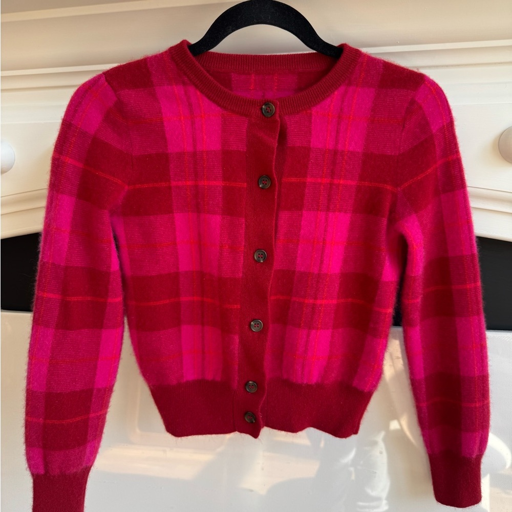 Red Pink Orange Plaid 100% Cashmere Italian women’s small xs cardigan sweater
